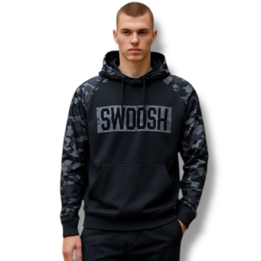 Nike Hoodie Pro Hyperwarm LOGO Camo Swoosh Black Gray Therma Fit Men's Size M